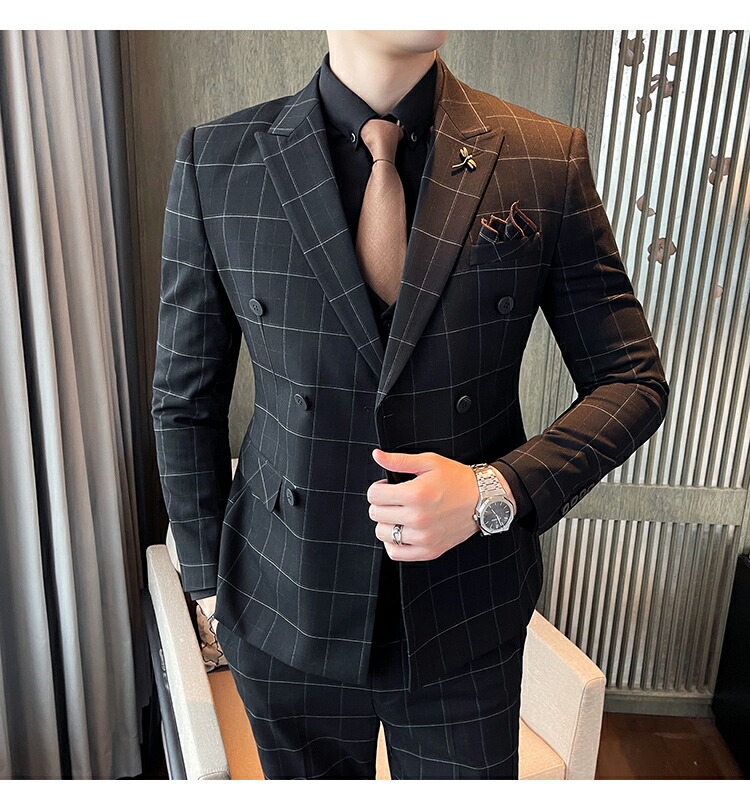 売上実績NO.1 ダブルスーツ スリーピース タキシード 紳士服 メンズスーツ 結婚式 フォーマルスーツ おしゃれスーツ チェック柄 ビジネス  キャリア リクルート 通勤 オフィス 就活 面接 カジュアル 上品 お呼ばれ パーティー 30代40代 大人 大きいサイズ パンツスーツ 4点 ...