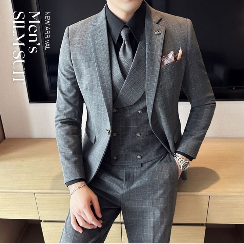 3ピーススーツ タキシード 結婚式 前撮りスーツ メンズスーツ おしゃれスーツ チェック柄 パンツスーツ 紳士服 冠婚葬祭 男性用 スリーピース スーツ メンズスーツ ビジネススーツ 通勤 オフィス 面接 就活 フォーマル 二次会 同窓会 パーティー 大きいサイズ グレー 黒 青 8,435円