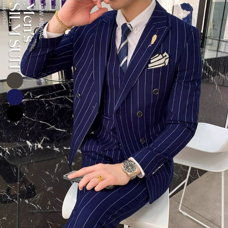 ダブルスーツ 男性用 スリムスーツ メンズスーツ 演奏会 発表会 タキシード 紳士服 フォーマル スリーピース おしゃれスーツ ストライプ 前撮り パンツスーツ 結婚式 二次会 カジュアル 通勤就活面接 ビジネス オフィス 入学式 卒業式 大きいサイズ 青 黒 グレー 3点セット｜HappyClue 店
