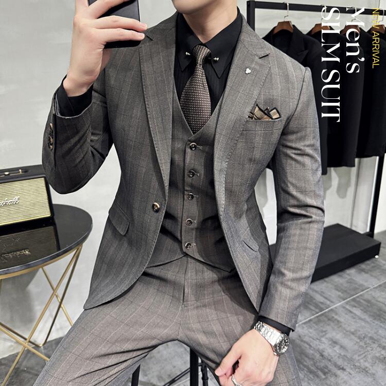 3ピーススーツ メンズ パンツスーツ チェック おしゃれスーツ 結婚式 スリーピース スーツ メンズスーツ 前撮り タキシード 紳士服 礼服 冠婚葬祭 1つボタンセレモニースーツ ビジネススーツ フォーマル 通勤 オフィス 発表会 二次会 同窓会 大きいサイズ 黒 ベージュ グレー