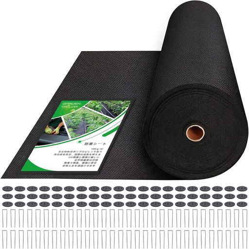 防草腰掛け朦々たる2x50m耐用年数5雑草打つ手押しとどめる高透水高耐久密集して不織布UV耐候剤組みあわせる据えつけるいの一番100本と黒丸100枚付き添い人工事用園芸用身寄り家庭菜園人工芝下パーキング場渦状文手合い黒