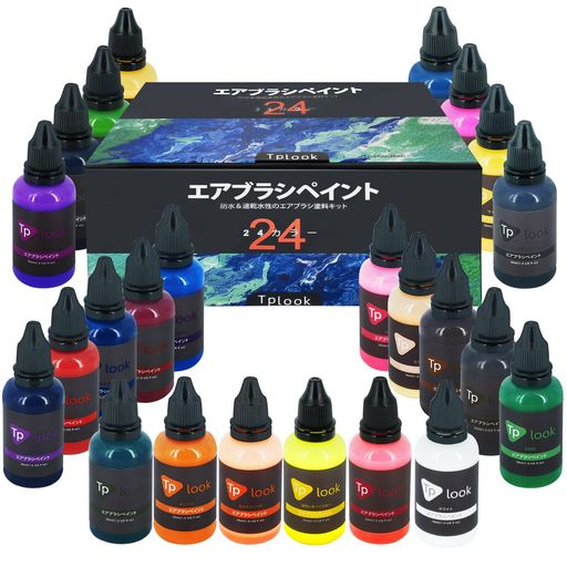 Tplookエアブラシ塗料24色アクリルエアブラシ塗料セット(30ml/1オンス)不透明&ネオンカラーの希釈は、プラスチックモデルセラミックキャンバス紙のための水ベースの防水クイック乾燥を必…