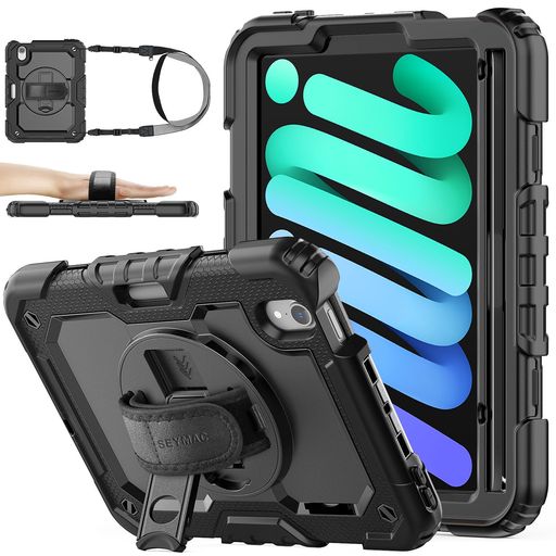 SEYMACstockiPadmini7/mini6専用ケース耐衝撃ペンホルダーフィルム付き前面カバー横置き縦置きスタンド360度回転ハンドストラップ肩掛けショルダーストラップ付きminiA17Pro(ブラック)