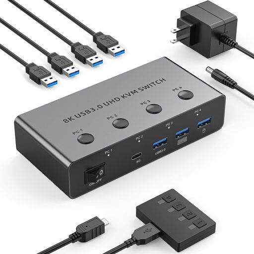 8K@60Hz HDMI KVM切替器 4コンピュータ用 4*USB 3.0ポート付き アルミKVMスイッチ 4入力1出力 4K@144Hz対応 1モニタ/キーボード/マウス/ハードドライブ/プリンタを共有|Happy Hour 1414