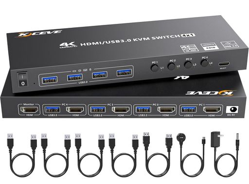 KCEVE HDMI USB3.0 KVMスイッチ 4入力1出力、4K@60HZ対応 EDIDエミュレーション搭載、USB3.0ポートx4、4台PCと1台モニター切替、キーボード マウス共有、ドライバー不要、手元スイッチ付き|Happy Hour 1414