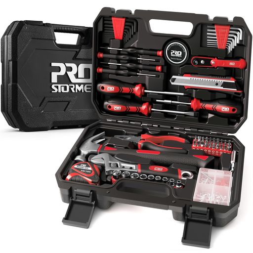 Prostormer160点家庭用多機能工具セット(収納ケース付)バイク・自転車・車整備、オフィス・日曜大工・家具組立に最適な基本手用具セット木ねじアソートキットと工具箱付属(red)