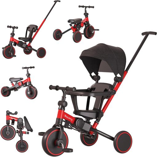 Bacany子供用三輪車7in1三輪車ステップ付き折りたたみ手押し棒おしゃれ1歳-6歳コンパクト自転車おもちゃ乗用玩具幼児用プレゼントおもちゃ調整可能お祝いギフトシートベルト付き(レッド)