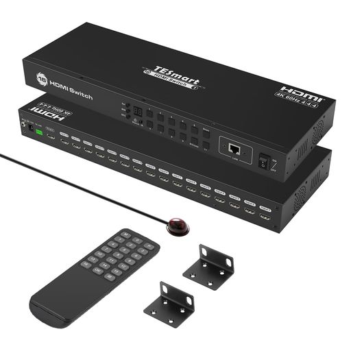 TESmartHDMI切り替え器16入力1出力切替器16ポート4K@60Hz16x1HDMIセレクタースイッチ音声分離器EDID機能HDCP2.2RS232、LANポート自動スキャン機能自動検出機能リモコン、ラックイヤー付き
