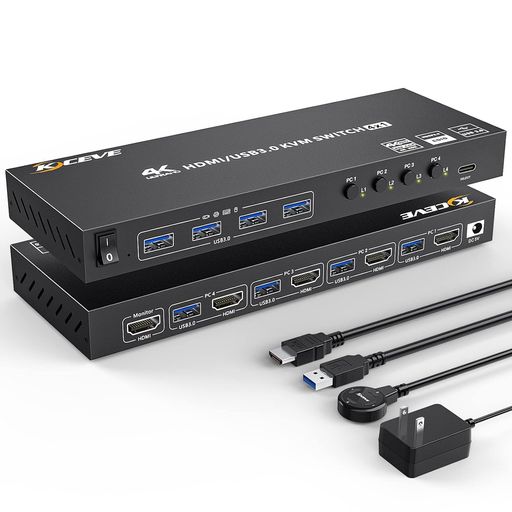 HDMIKVM切替器4ポート、4入力1出力PC切替器4K@60Hz、4つUSB3.0ハブ備えたKVMHDMI4ポートスイッチャー、EDID管理、ワイヤレスキーボード、マウスサポート