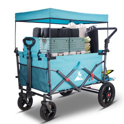 Topwellキャリーワゴン、屋根とシートベルト付き2つシートあり多機能カート、荷室開閉と拡張可能、フロントハンドルxリアプッシュハンドル、四輪取り外し可能、ストッパー付き耐荷重120…