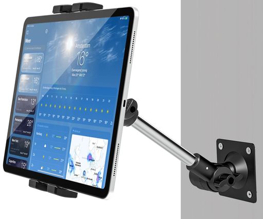 【200mmの金属製長いアーム】EXSHOWタブレット壁掛けスタンドは携帯ホルダーiPadホルダー横と縦インストール可能360度回転自由調節耐久性安定性日本語説明書付きタブレットとスマートフォ…