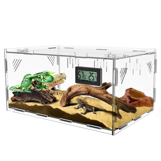 トカゲケージ爬虫類ケージ飼育ケース温度湿度計付き爬虫類テラリウムタンク昆虫飼育ケース透明通気ケージ給餌箱飼育容器アクリル換気が良い給餌ケージボックス亀トカゲヤモリ蜘蛛サ…
