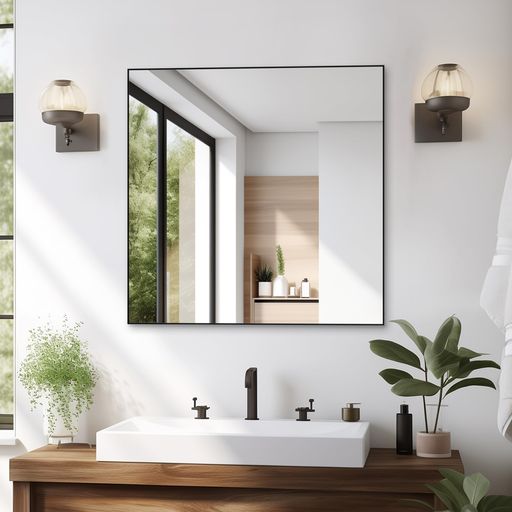 ANYHI正方形壁掛けミラー、75.5x75.5cmバスミラー、黒アルミ枠、直角角ミラー、バスルーム、玄関、寝室に使用します