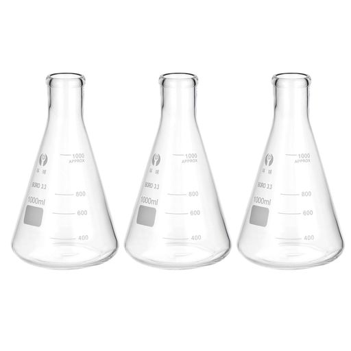 PATIKIL エルレンマイヤー フラスコ 3個セット 1000ml 33.8oz 細口 目盛り付き ホウケイ酸 ガラス 実験 化学 理科 研究 用|Happy Hour 1414