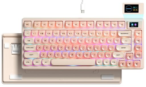 WomierSK8075%メカニカルゲーミングキーボード、カラーマルチメディアディスプレイ付き、ピンククリームキー、ジェリーMOAプロファイルキーキャップ