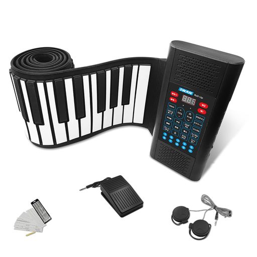 【新型】ニコマク NikoMaku ロールピアノ 88鍵盤 キーボード 【日本語表記 音質アップ】SWAN Roll-up ロールアップ 充電型 MIDI対応 折りたたみ 128種音色 ペダル 練習用イヤホン 鍵盤シール付き …|Happy Hour 1414