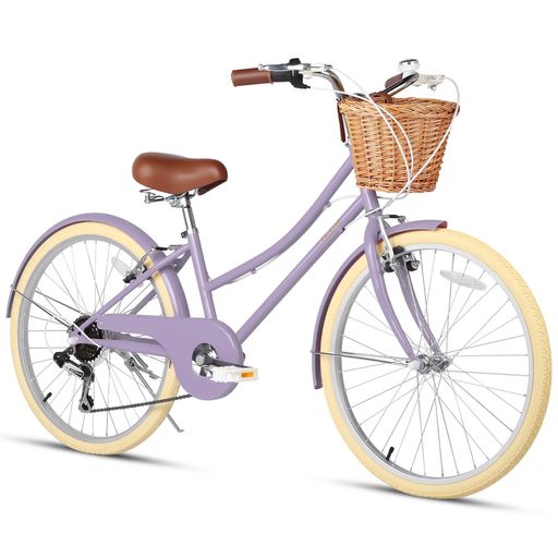 Glerc 女の子自転車 可愛い小中学生自転車 シティーサイクル ママチャリ レトロ おしゃれ 手編み藤カゴ付き SHIMANOシマノ6段変速 リアギア変速 通学用 24インチ パープル紫｜Happy Hour 1414