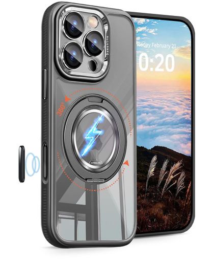 DAMESINEiPhone16ProMax用ケース360度回転リングスタンドMagsafe対応クリア背面シリコンサイド耐衝撃滑り止めカメラコントロールボタン付きキラキラなカメラカバー着脱可能薄型かわいいアイホ…
