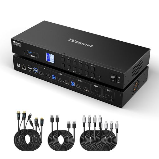 TESmartKVMスイッチ4入力2出力(USB-CHDMI+DP)MST対応デュアルモニターKVM切替器4K@60HzUSB3.04台PC2ディスプレイ用KVM切り替え器60WPD充電ギガビットLANポート