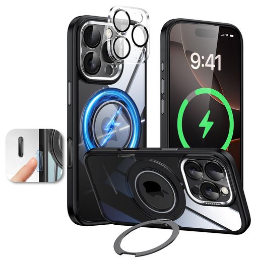 DonocaoiPhone16Pro用ケースMagSafe対応360°回転スタンド付き隠しリングカメラコントロールカバー付きクリア背面シリコンエッジ耐衝撃薄型軽量取付取り外すカメラカバーガラスフィルムレンズ…