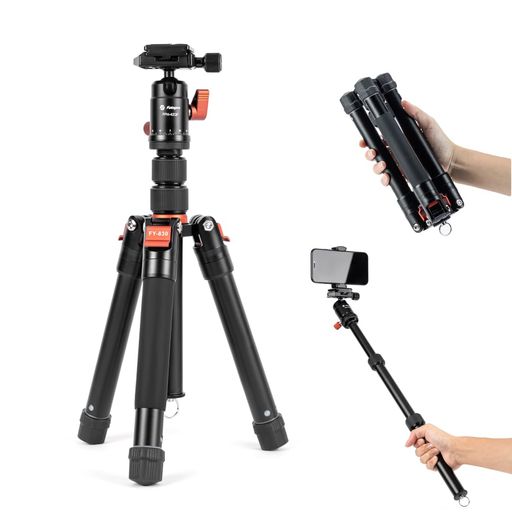 Fotoproミニ三脚148cm軽量コンパクト旅行用360度ボールヘッド着脱式で自撮り棒としても利用可能スマホマウント付き耐荷重8kgモデルFY-830オレンジ