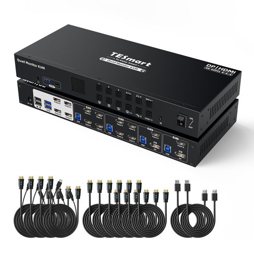 TESmart 4入力4出力 KVMスイッチ HDMI+DisplayPort USB3.0 KVM切替器 4モニター4PC 4K@60Hz HDMI DP 切り替え器 4ポート出力 MST機能 ヘットセットポート EDID機能 ホットキースイッチ|Happy Hour 1414