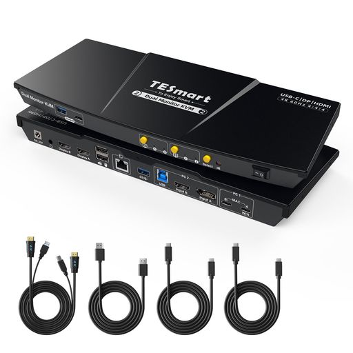 TESmartKVMスイッチUSB-C+HDMI+DisplayPort2入力2出力MST対応デュアルモニターUSB3.0KVM切替器4K@60Hz2ポート切替器2台PC2台ディスプレイ用ギガビットLANポート充電対応ホットキー