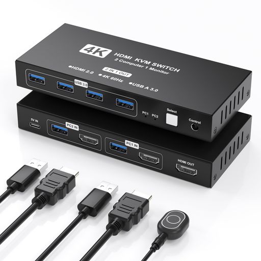 2台PC対応4K60HzHDMIKVMスイッチUSB3.0接続デスクトップ切替コントローラー付属モニター共有キーボードマウス切り替えオフィス・在宅ワークに最適