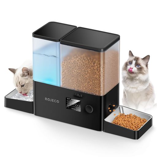 ROJECO自動給餌器猫給水器一体化餌やり機5L大容量+給水器3.5L餌詰まり防止透明タンク多頭飼いに向け2WAY給電手動給餌餌やり機ステンレス皿操作簡単1日6食(ブラック)