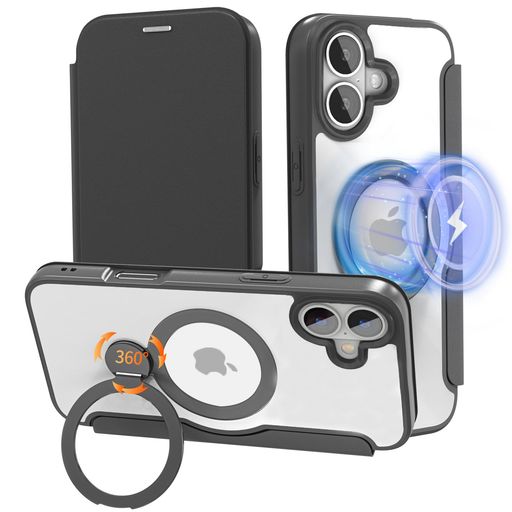 【クリア仕様の手帳型・MagSafe対応・カード収納】smhokesuiPhone16用ケース360°回転スタンドカード収納リング付き縦横両対応クリア仕様を引き継いだ手帳型レザー素材軽い薄型耐衝撃いphone16…