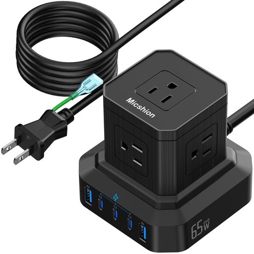 MicshionPD65W機能付電源タップ3個USB-Cポート2個USB-Aポート5個AC口(100-240V)延長コード2Mコンセントusb付き(合計2400W)雷ガード/アース機能付きタコ足配線干渉せずテーブルタップマルチタップ