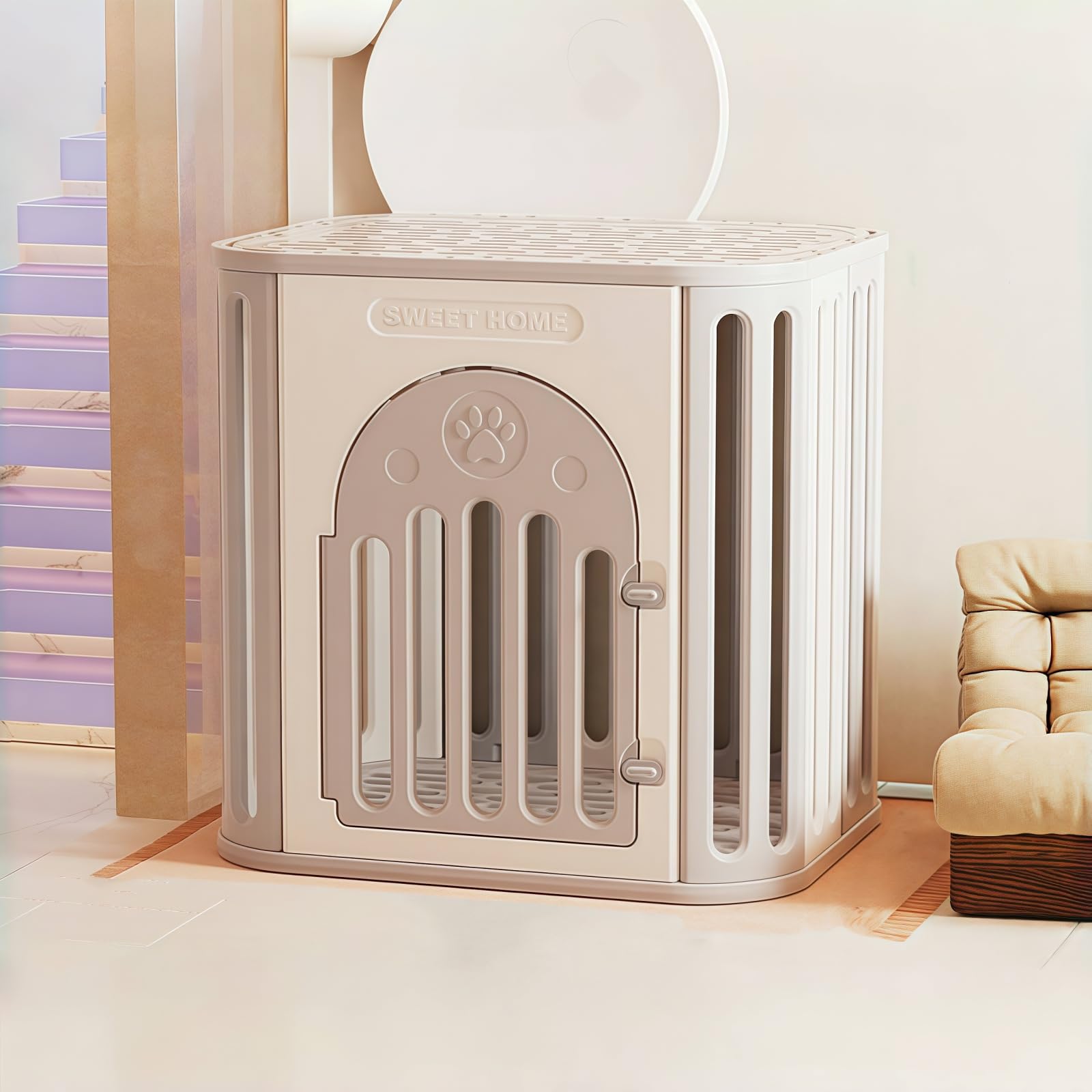 ペットフェンス 室内犬用ケージ 大型 キャスター付き トイレ付き 簡単組み立て 工具不要 掃除簡単 取り外し可能 洗濯可能 小型犬・中型犬・大型犬用 屋内と屋外での使用に適したユニバーサル犬用 (ケージ + トレイ,85*59*75cm-ホワイト)