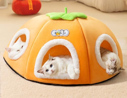 猫 ベッド 猫ベッド トンネル 猫トンネル 多頭飼い ペットベッド クッション ソフトマット 綿 柿型ペットベッド 柿 型 ペットハウス 猫ハウス 猫 犬 犬猫兼用 滑り止め かわいい 冬 年中使える 柔らかい ふわふわ 丈夫 水洗い可能 (猫3匹（底が半円形,オレンジ)｜ハッピージョイフルマーケット