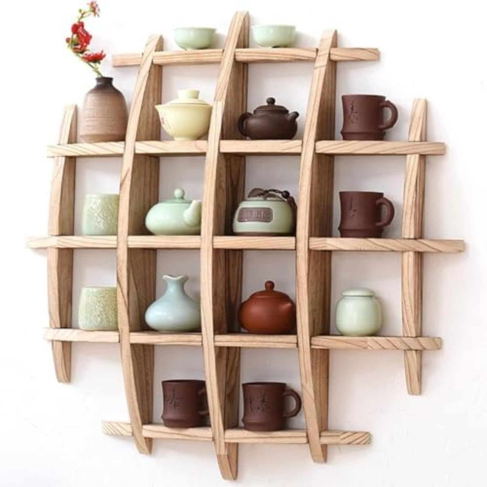 収納家具 飾りつけ 和風 骨董品棚 木制 丸型 シェルフ 骨董品 茶器 中国茶 盆栽 飾りつけ 機械 納める 仕合わせ アンティーク調 室内装飾 オブジェ 見せびらかす リビング 和室 部屋の入り口 70糎 自然的