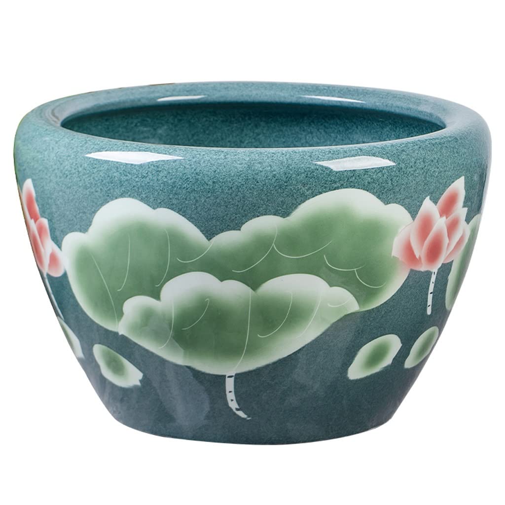 水鉢 火鉢 金魚鉢 睡蓮鉢 陶器 メダカ鉢 おしゃれ 魚缶 蓮 手描き 青 浮き草 観賞魚 水草 ビオトープ ガーデニング 庭園 インテリア リビング 和風 モダン｜ハッピージョイフルマーケット 56,789円