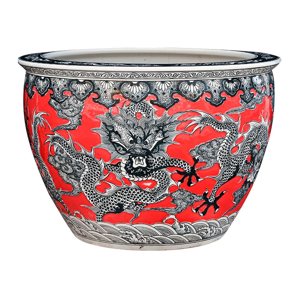 景徳鎮 陶器 金魚鉢 大鉢 水鉢 睡蓮鉢 大型 手描き 龍図 縁起物 華麗 観賞魚 水槽 ビオトープ 庭園 インテリア 室内 和モダン 骨董調 特大 深鉢 鉢カバー アジアン ガーデニング｜ハッピージョイフルマーケット