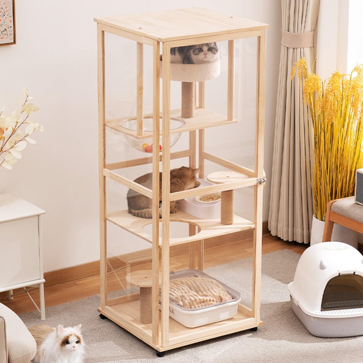 猫伏せ籠 木製 キャットケージ 3段 2段 大型 キャットヴィラ キャットハウス 猫 棲み家 多頭飼い 155糎 80糎 生まれながら木 醇乎たる材 澄み切ったアクリル樹脂 360°見晴らし 逃げ失せる押しとどめる扉 通気性人並み外れた 鍵を掛ける付き添い人 駆け込み寺 爪とぎ極点 恒星船