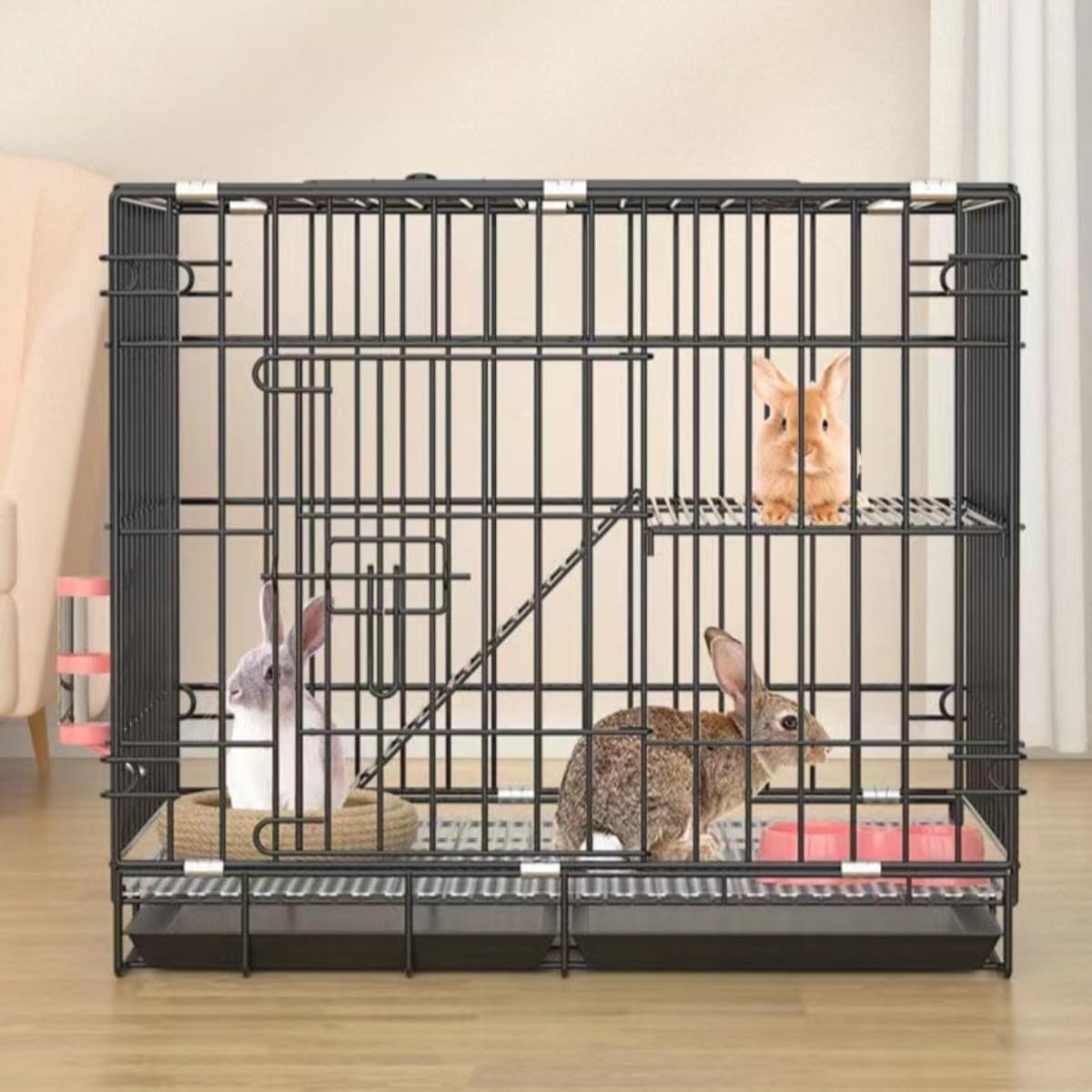 ウサギ ケージ 折りたたみ式 小動物ケージ 室内 飼育ハウス 屋根付き 天窓 ドアロック付き 掃除しやすい 引き出しトレイ 持ち運び便利 ウサギ 小猫 子犬 フェレット 2.0cm間隔 設計 50cm&times;32cm&times;38cm ブラック｜ハッピージョイフルマーケット