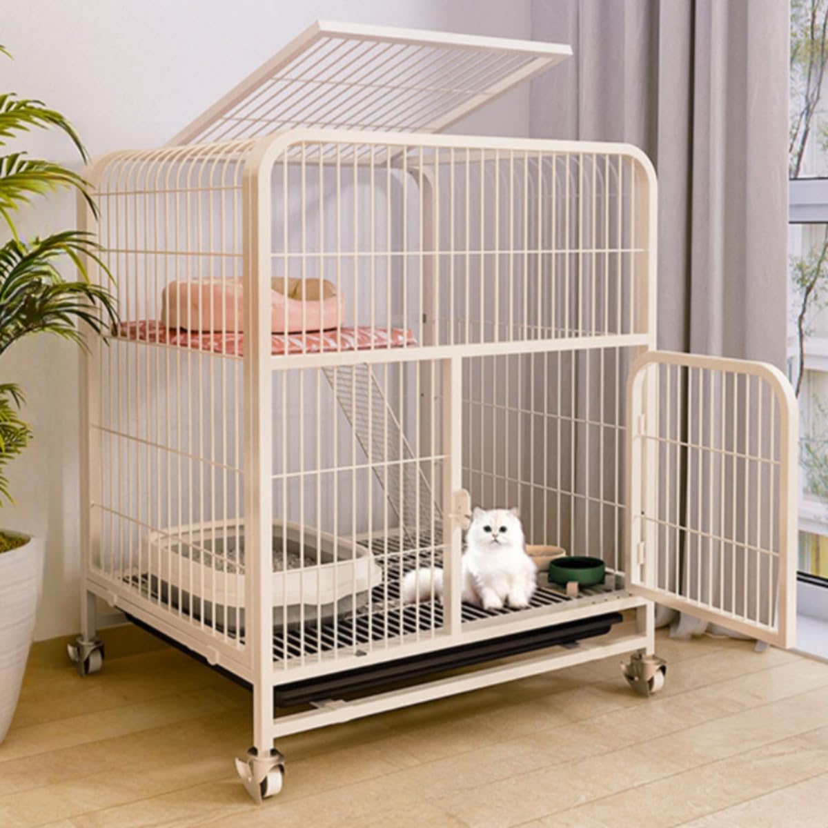 うさぎ ケージ 屋内用 2段 ラビットケージ 小動物 ケージ キャスター付き 底トレイ 掃除しやすい ペットケージ 上部開閉 天面オープン 梯子付き ロフト 猫 ゲージ コンパクト 60×45×66cm ホワイト ブラック|ハッピージョイフルマーケット