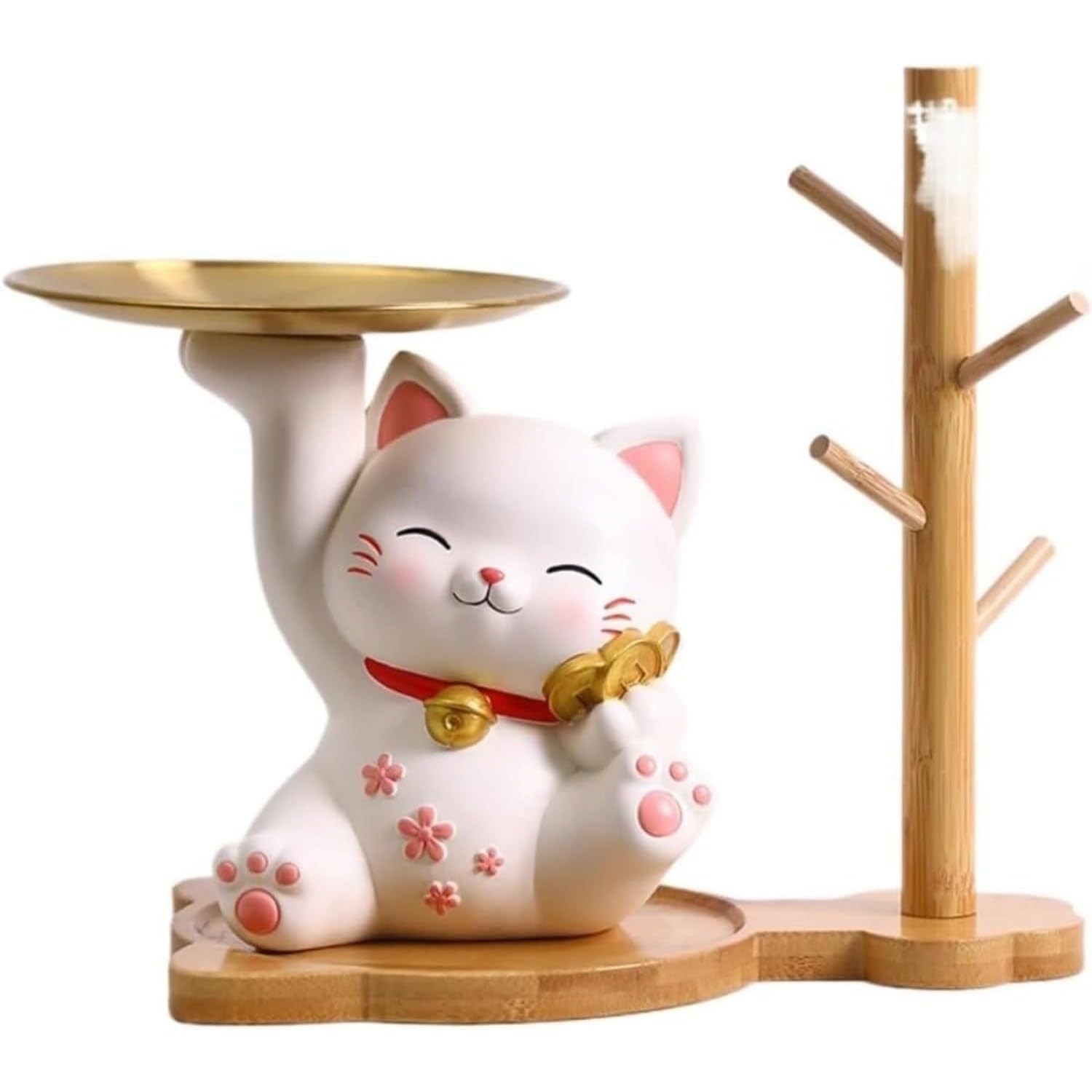 かわいい招き猫置物（右手上げ） 金属/樹脂製 キー収納トレイ兼用 口紅スタンド・小物整理 玄関/卓上収納 金運アップ縁起物 開店祝い・贈り物用 インテリア装飾 () []｜ハッピージョイフルマーケット