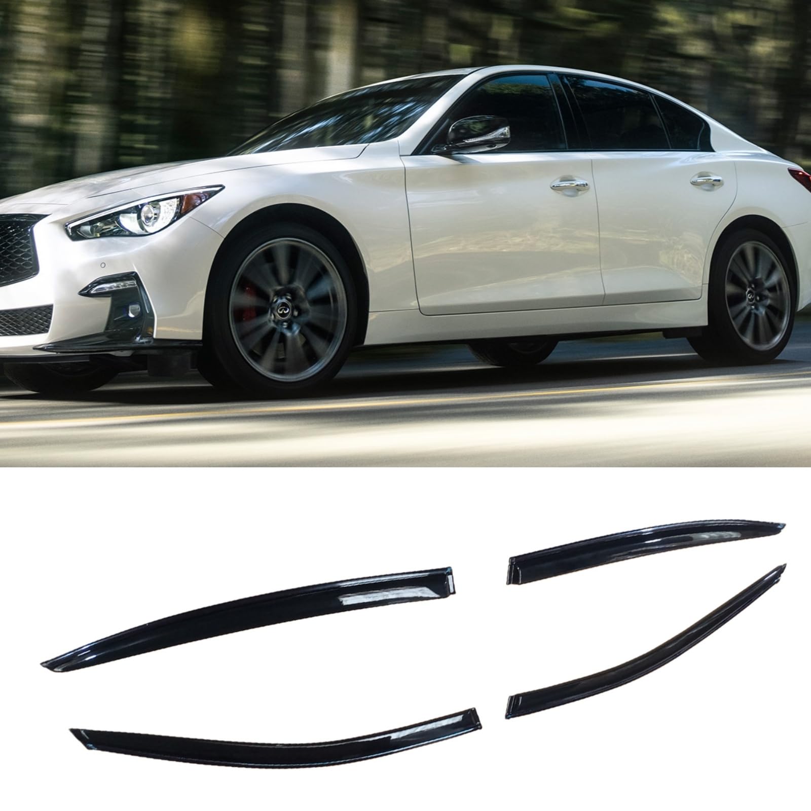 レインガード ンフィニティ Q50 全モデル 2014-2024 専用 JDM VIPスタイル 超耐久性サイドバイザー ウィンドウ レインカバー シールド 4ピース ABS製 塗装済み ダーク スモーク色｜ハッピーラッキーショップ