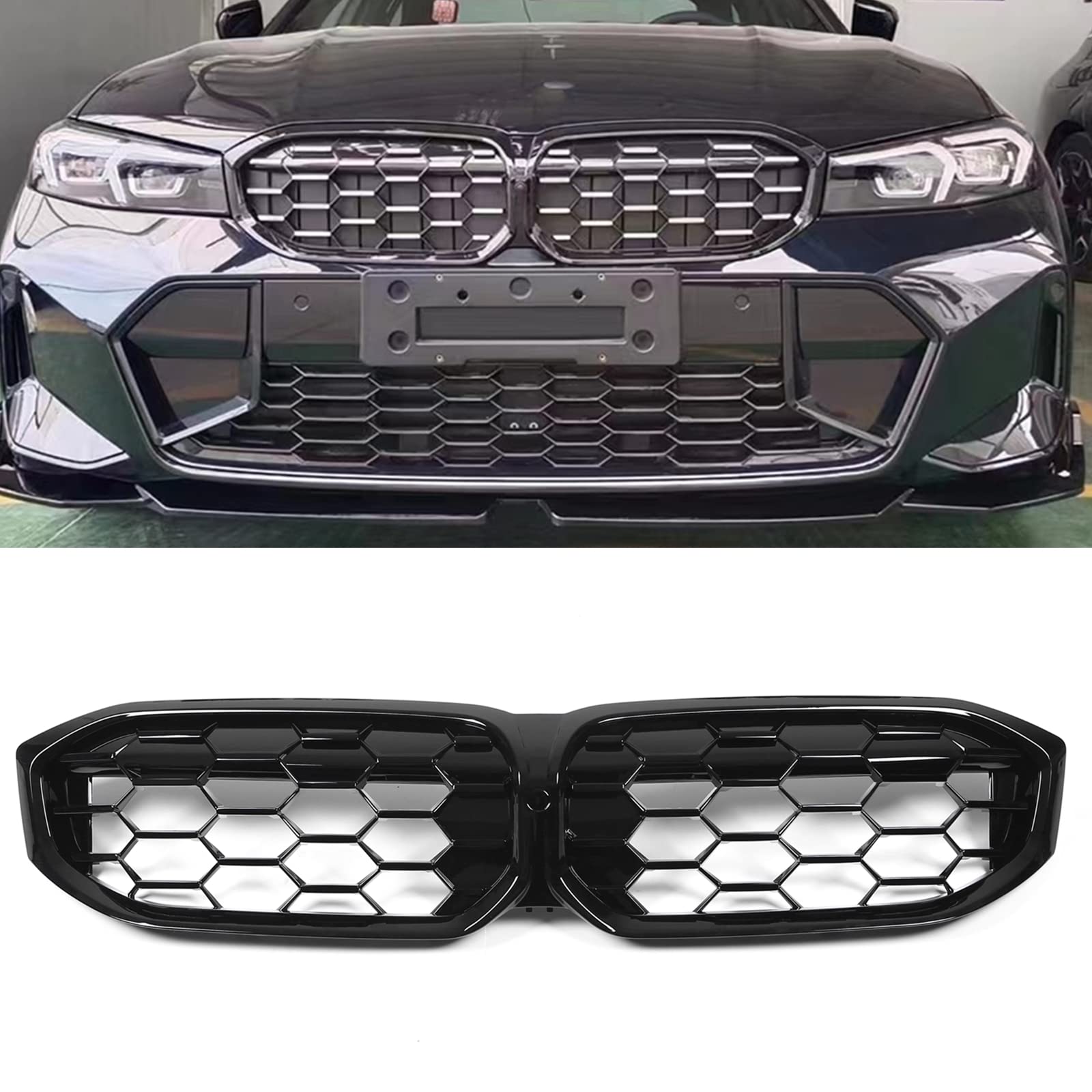車のフロントキドニーグリルメッシュグリル BMW 3シリーズ G28 G20 G21 LCI 320i 325i 330i 2023-2025用 カメラホール付き ブラック|ハッピーラッキーショップ