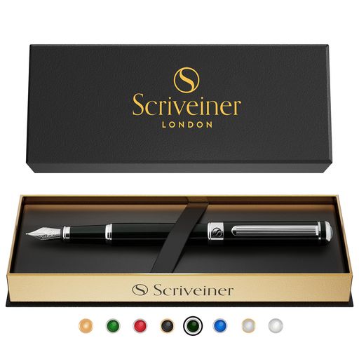 Scriveinerブラックグリーンファウンテンペン-魅力的な高級ペン、クローム仕上げ、シュミットニブ(中字)、男性や女性への最高のペンギフトセット、プロフェッショナル、エグゼクティブ…