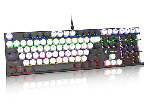 有線パンクキーボードメカニカルキーボードノブ付きレトロなラウンドキーキャップタイプライター赤軸108キーフルキーアンチゴースト白色LED25種類のバックライトモードUSB有線コンピュ…