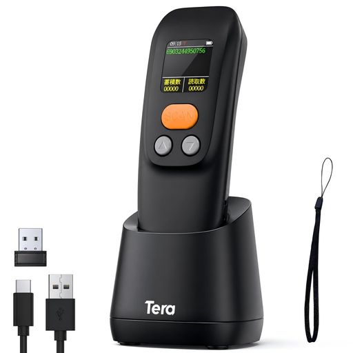 Tera バーコードスキャナー 小型 ワイヤレス Bluetooth 1.4インチ大画面液晶 1200mAhバッテリー 充電ドック 1D 2D QRコード 日本語コード 2.4G無線 USB有線 型番:HW0010-B｜Happy night Rainbow