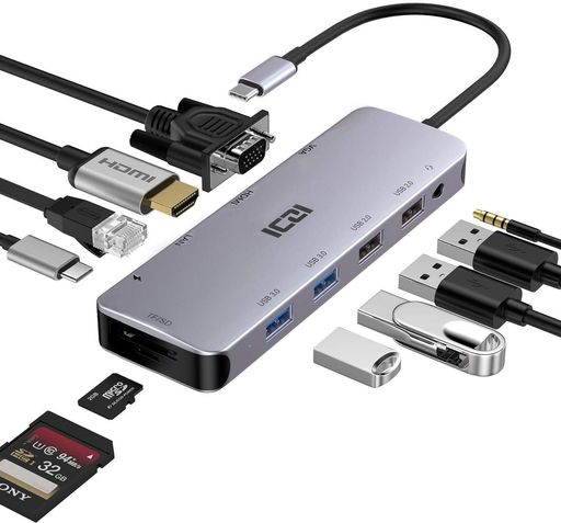 ICZIUSBCハブ11-in-1TypeCハブHDMI変換アダプタドッキングステーション【4kHDMI/VGA/4つ*USB-A/PD100W/1GbpsLANイーサネット/3.5mmオーディオ/