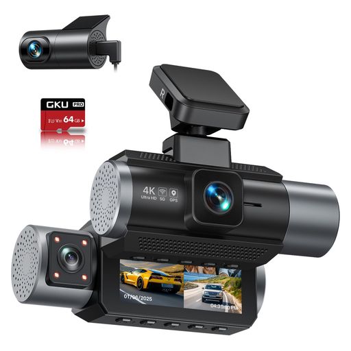 GKU【3カメラ4Kドライブレコーダー超強暗視】5GHz高速Wifi小型ドラレコ3インチIPSWDR搭載360°前後カメラ4K+2.5K一体型超強夜?同時録画170度超広角赤外線暗視24時間駐車監視Gセンサー緊急録画