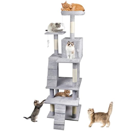 キャットタワー スリム 大型猫用 猫タワー 多頭飼い 据え置き型 簡単に登れる 2つ階段付き 麻爪とぎポール 省スペース キャットハウス 展望台 おもちゃ 運動不足解消 高い安定性 お手入&hellip;｜Happy night Rainbow