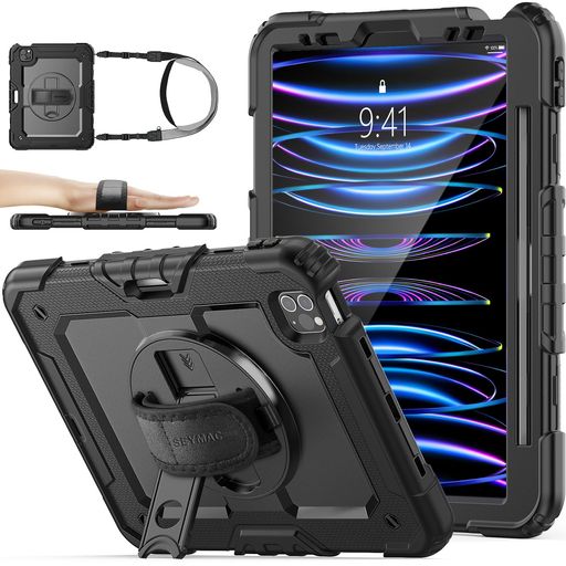 SEYMACstock11インチiPadPro第4世代2022ケース耐衝撃保護フィルム付きペン収納360°回転スタンドハンドストラップショルダーストラップ全面保護カバーiPadPro