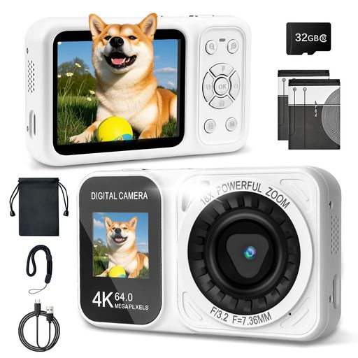 デジタルカメラ 4K 30FPS 6400 万画素 デュアルスクリーン IPS コンパクト コンデジ|32GB カード付き 18 倍デジタルズーム 手ぶれ補正 Type-C 充電 バッテリー 2 枚 日本語説明書｜Happy night Rainbow